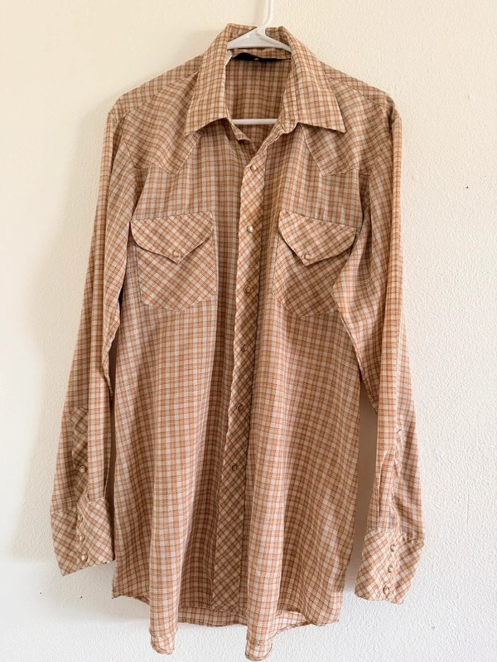 Vintage Sears Western Plaid Pearl Snap Shirt Brown Long Sleeve Mens L sku1129